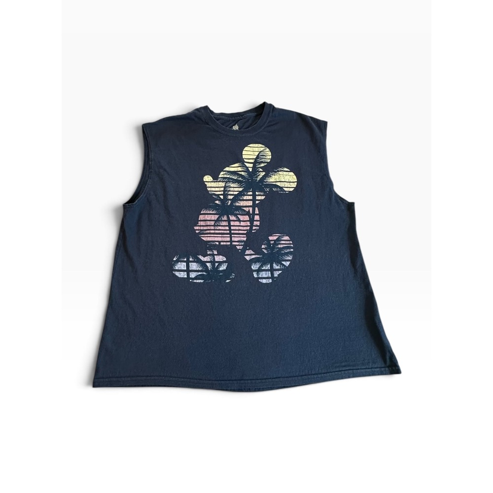 Disney Parks Muscle Tee Mens XL Navy Mickey Mouse Palm Tree Sunset Sleeveless